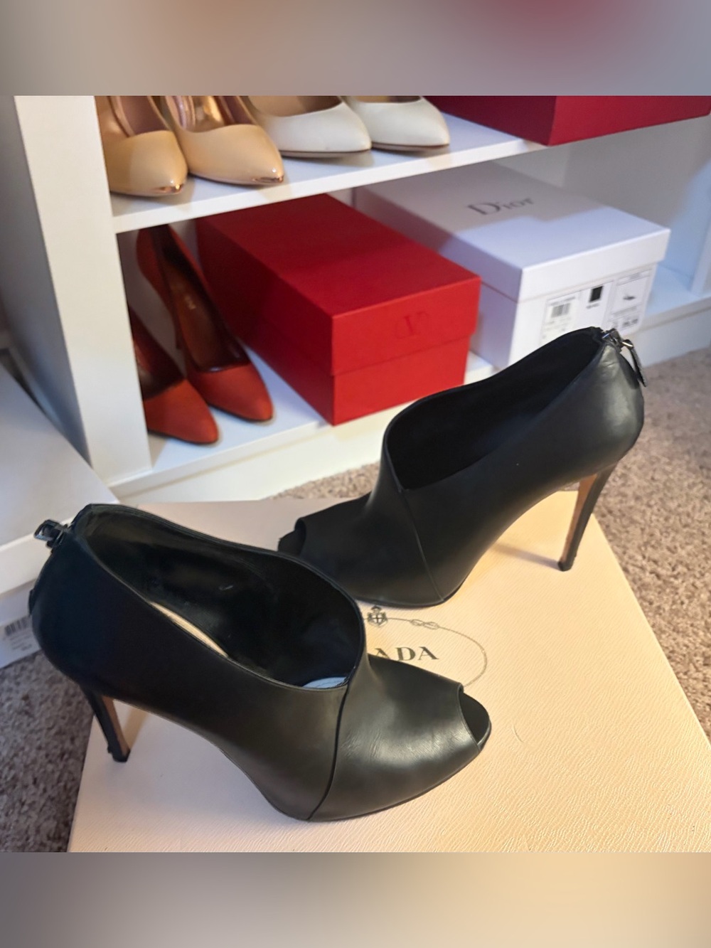 Authentic Prada Black Leather Peep-Toe Stiletto Booties